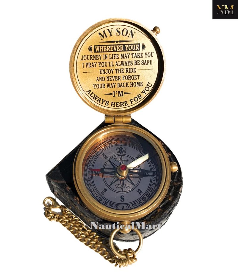 Personalized Brass Compass Engravable My Son Gift for Mom-Dad Graduation, Anniversary, Baptism, Retirement A Perfect and Unique Gift with Leather Case