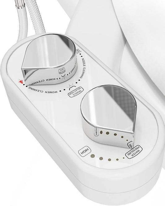 Non-Electric CLEAR REAR Bidet Attachment for Toilet - Self-Cleaning Dual Nozzle, Adjustable Pressure, White