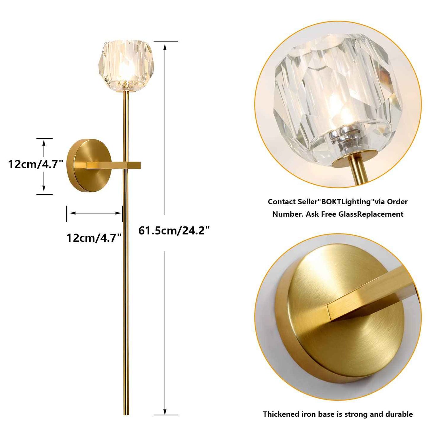 BOKT 1-Light Antique Brass Wall Sconce Lighting Fixture Modern Clear Crystal Ball Wall Sconce Lamp Brushed Gold Long Metal Wall Light Hardwired Bathroom Vanity Light Fixture