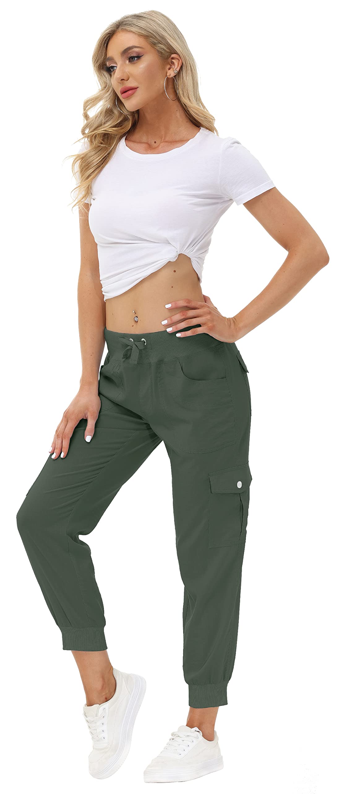 MoFiz Women's Hiking Pants Cargo Joggers Sweatpants with Pockets Lightweight Quick Dry Outdoor Summer Casual Athletic Elastic Waist Army Green 3XL