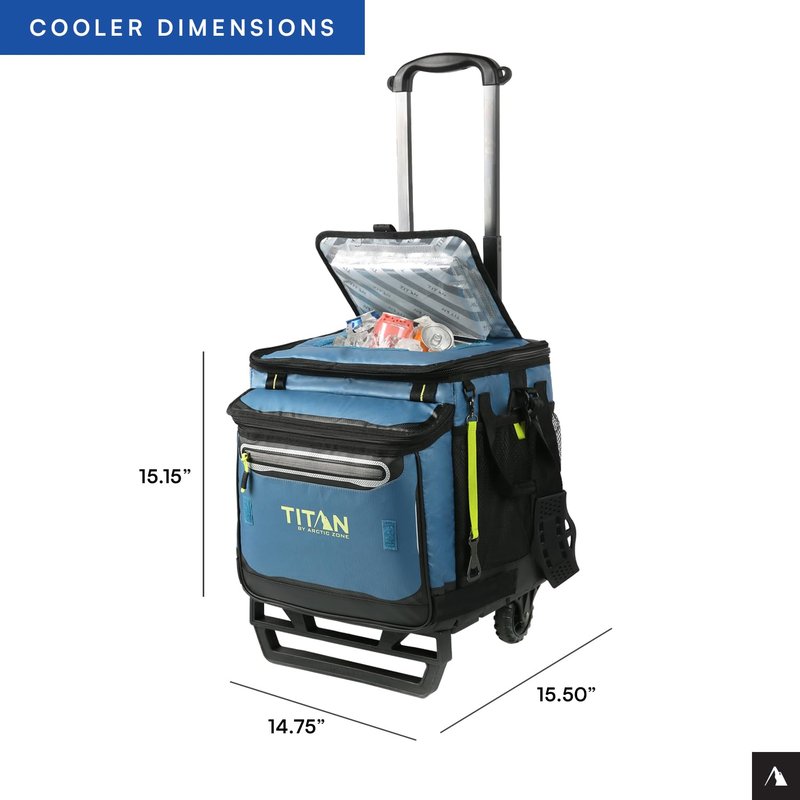 Titan by Arctic Zone Collapsible Wheeled Soft Sided Cooler with Detachable Rolling AT Cart, Insulated Bag with Leak Proof Lining, for Travel, Beach, Picnic, 60 Can Capacity, Marine Blue