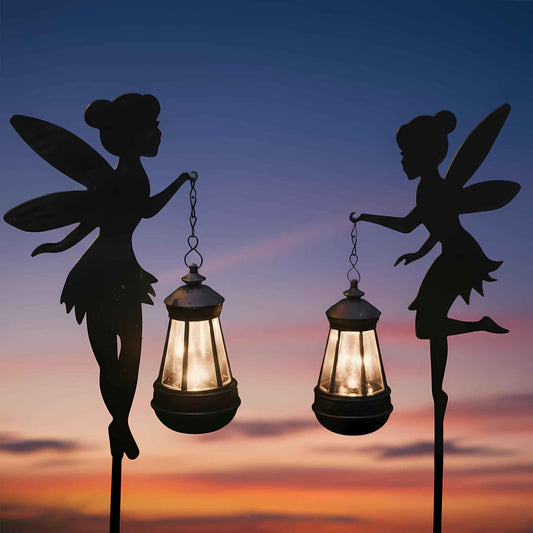 Fairy Garden Accessories Lawn Ornaments 1 Pair - Solar Fairy Lights Outdoor Decorations, Metal Garden Stakes Decorative Figurines for Yard Decor, Patio (Type B Warm Lighting)
