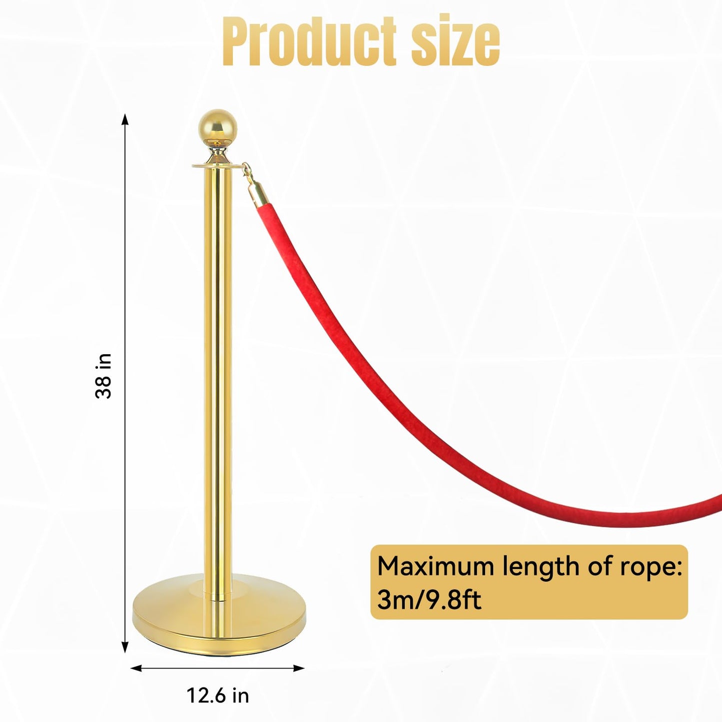 2Pack Stainless Steel Stanchion Posts 9.8ft Red Velvet Rope Suitable for theaters, stadiums and Other venues Easy to Install Gold