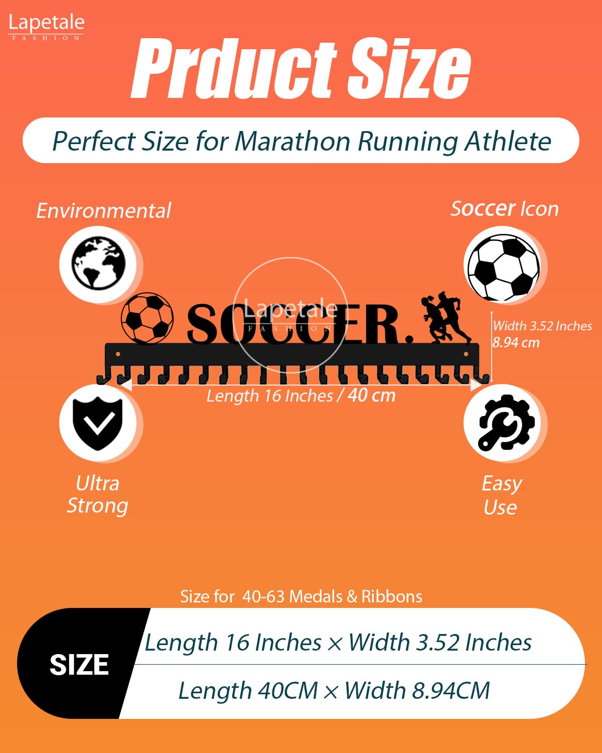 Lapetale Fashion Soccer Girl Medal Hanger Display for 63 Medals – She Believed She Could So She Did (16" Wide with 20 Hooks) - Black- Awesome Gifts-Patent NO.983560S