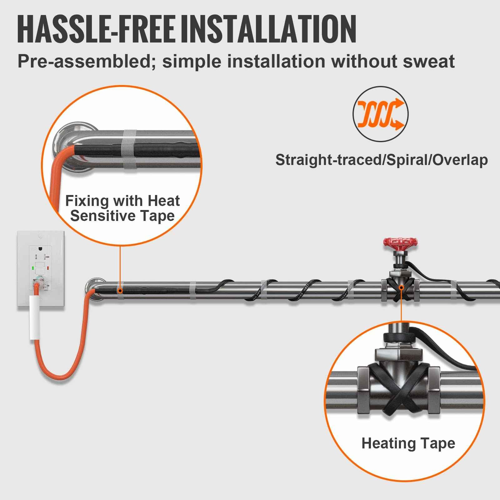 VEVOR Self-Regulating Pipe Heating Cable, 15FT 5W/FT Heat Tape for Pipes Freeze Protection, Water Pipe Heat Cable with Built-in Thermostat Protects PVC Hose, Metal and Plastic Pipe from Freezing