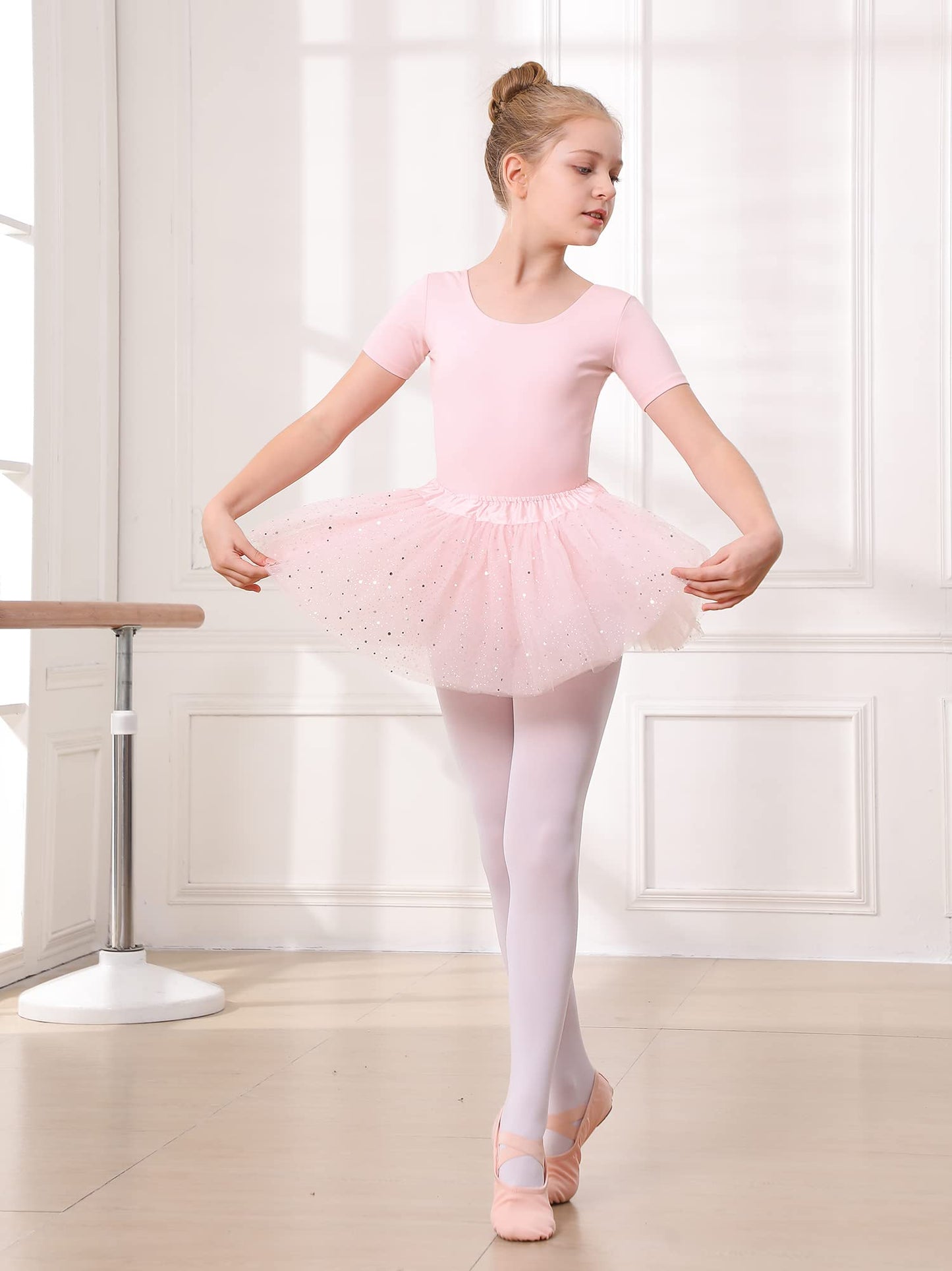 Stelle Girls Ballet Leotards Toddler Dance Outfit Combo with Shiny Tutu Skirt and Tights (Ballet Pink,2-3T)