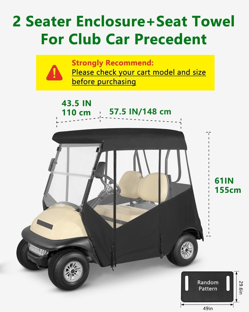Golf Cart Enclosure 2 Passenger for Club Car Precedent,No Windshield Curtain 3 Sided Transparent Windows Golf Cart Rain Cover,Zippers Roll Up Door 2 Seater Club Car Driving Enclosure(with Seat Towel)