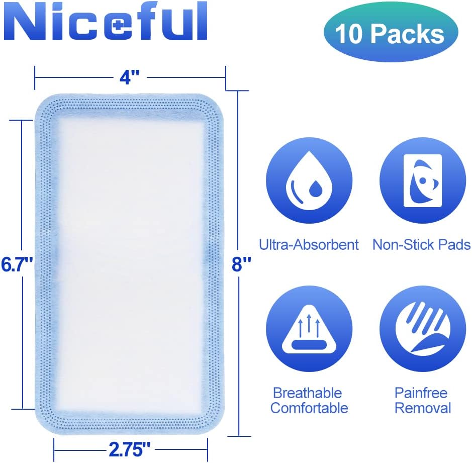 Niceful Super Absorbent Wound Dressing 4" x 8" (10 Pcs) – Sterile Non Stick Gauze Pads for Wound Care, Heavy Exudate Large Bandages for Pressure Ulcers, Bedsores, Diabetic Foot Ulcers