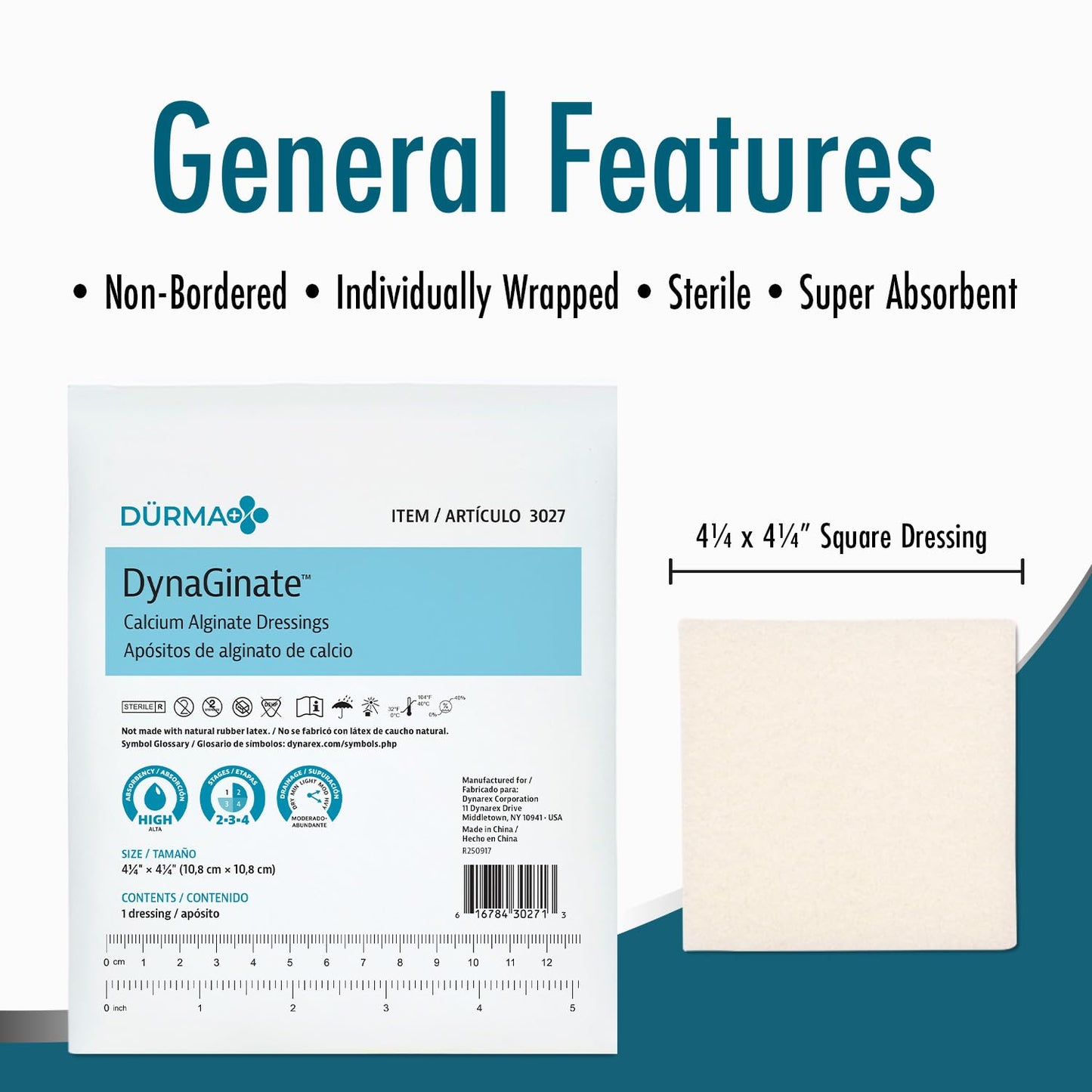 Dynarex DynaGinate Calcium Alginate Wound Dressing - Sterile, Non-Stick Topical Wound Pads - Absorbent Gel Patches For Moderate To High Exuding Cuts - For Medical & Home Use - 4.25"x 4.25", Box of 10