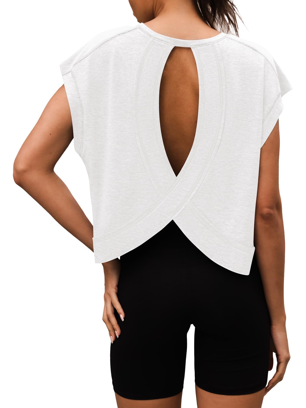 3rd hill Women Open Back Workout Shirts Short Sleeve Tops Casual Yoga Y2k Athletic Gym Running Crop Tees White M