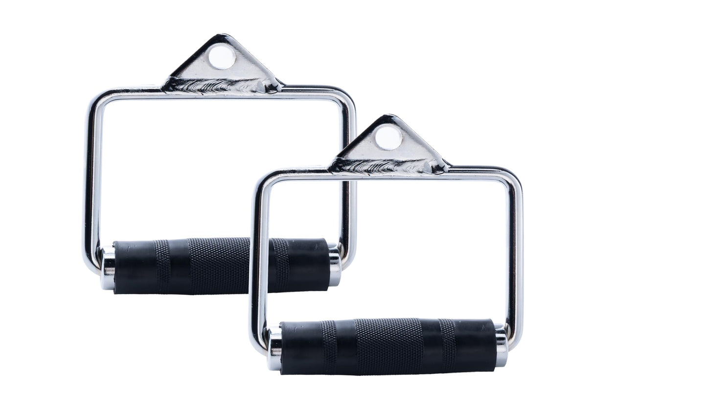 FITNESS MANIAC USA D Handle Cable Attachment, Pair, Exercise Machine Attachments with Rubber Handgrips Chrome, Chrome Knurled Stirrup Attachment Kit