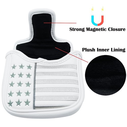 Gbourly Golf Club White USA Square Mallet Putter Cover Patriotic Magnetic Heel Shafted PU Leather Headcover