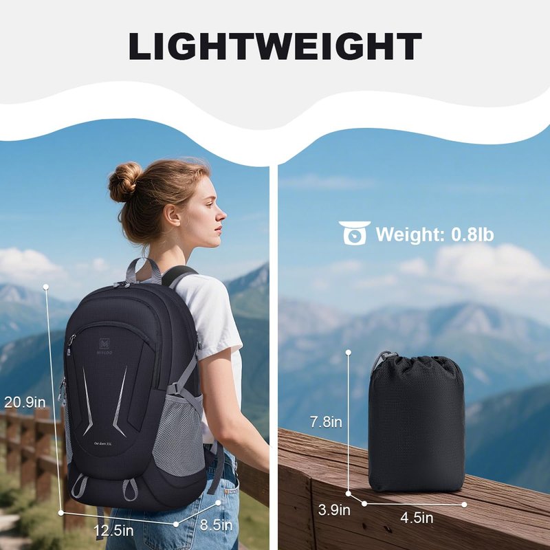 MIYCOO Backpack - Ultra Lightweight Packable Backpack for Travel Camping, 20L Hiking Back Pack Waterproof Foldable Daypack for Men Women Black