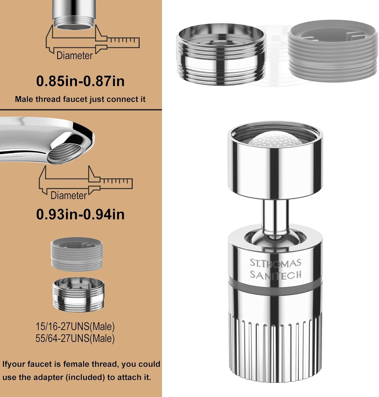 2 PC ST.THOMAS Swivel Faucet Aerator,2-function Faucet Nozzle,360° Big Angle Rotate kitchen faucet head replacement,Faucet Extender for Kitchen 55/64 inch Female Thread,Kitchen Sink Aerator