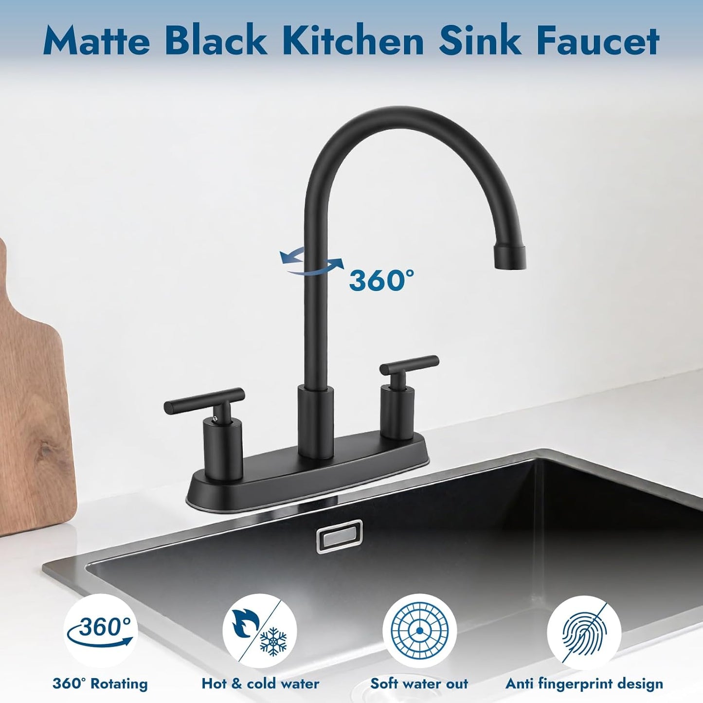 Brushed Nickel Kitchen Faucet with 360° Rotating Spout & Side Sprayer - 2 Handle, 8 Inch Centerset
