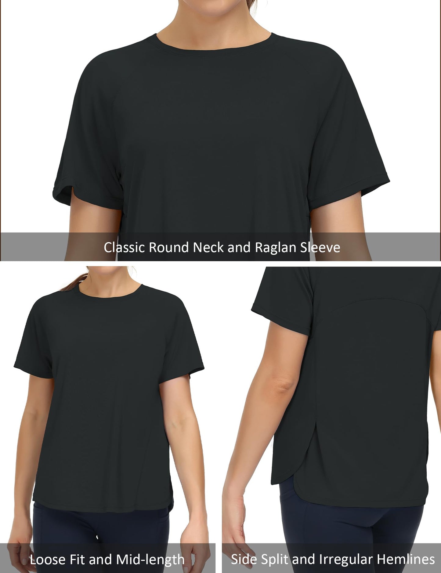 THE GYM PEOPLE Women's Short Sleeve Workout Shirts Breathable Yoga T-Shirts with Side Slits Athletic Tee Tops Dark Grey