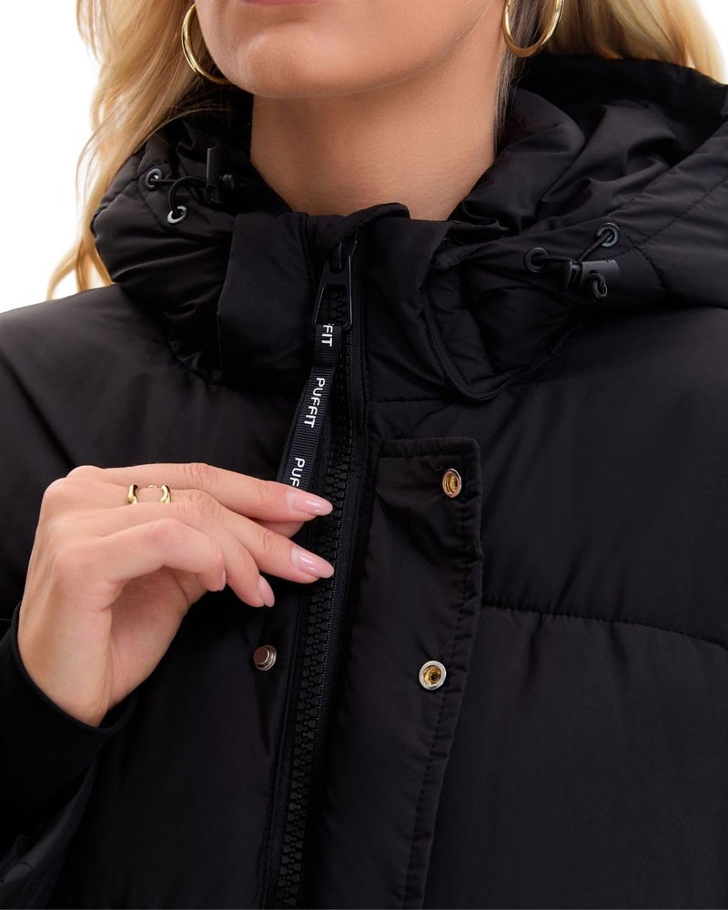 PUFFIT Women Mid Lenth Puffer Jacket, Warm Thicken Hooded Winter Coats, Windproof Long Sleeve & Hood,3 Pockets