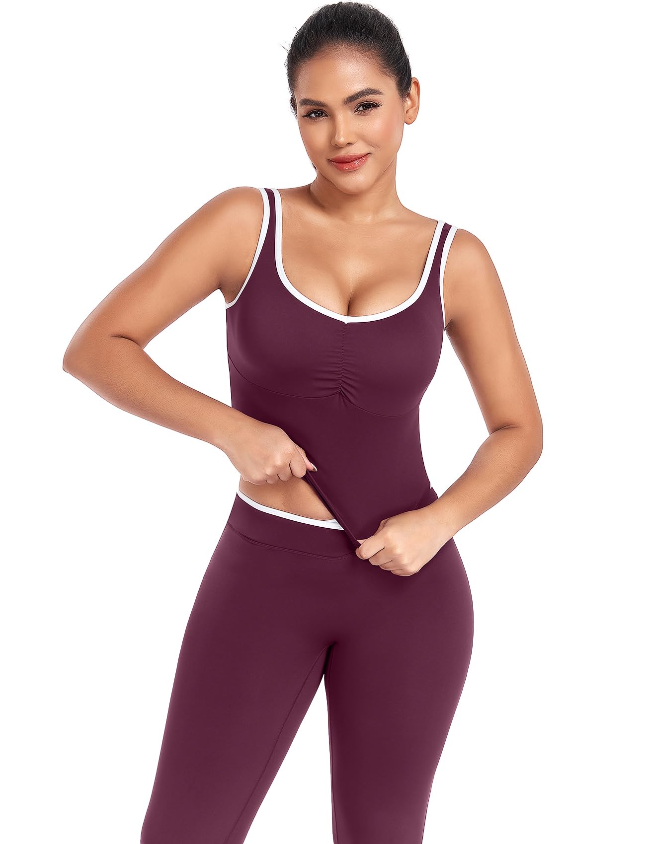SEASUM Women's Tank Top with Built-in Bra, Longline Backless Scoop Neck Sports Crop Top, Contrast Binding,Removable Pads for Workout Gym Purple S