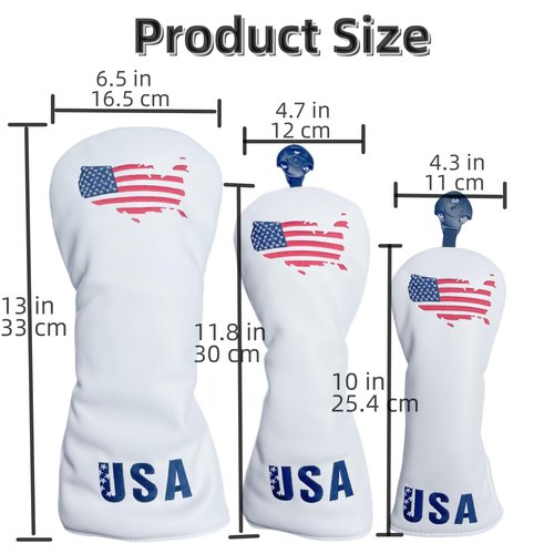 USA Golf Club Covers Set,Driver Headcover Hybrid Headcover and Fairway Wood Head Covers, Premium PU Leather White Golf Head Covers for Woods and Driver,Golf Gifts for Men Golfers