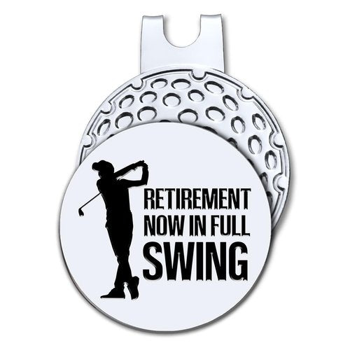 Hafhue Retirement Now in Full Swing Golf Ball Marker with Magnetic Hat Clip, Funny Golf Accessories and Golf Gift for Men Women Dad Grandma Grandpa, Birthday Retirement Gift for Golfer Golf Lover