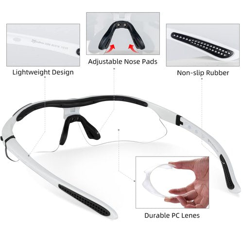 ROCKBROS Photochromic Sports Sunglasses Mens Pickleball Glasses Cycling Glasses MTB Sunglasses, with Removable Elasctic Band，White