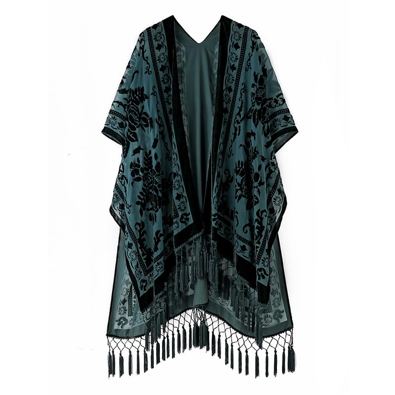 BohemyanRace Women's Burnout Velvet Kimono Cardigan Dark Green - Long Coverup with Tassels