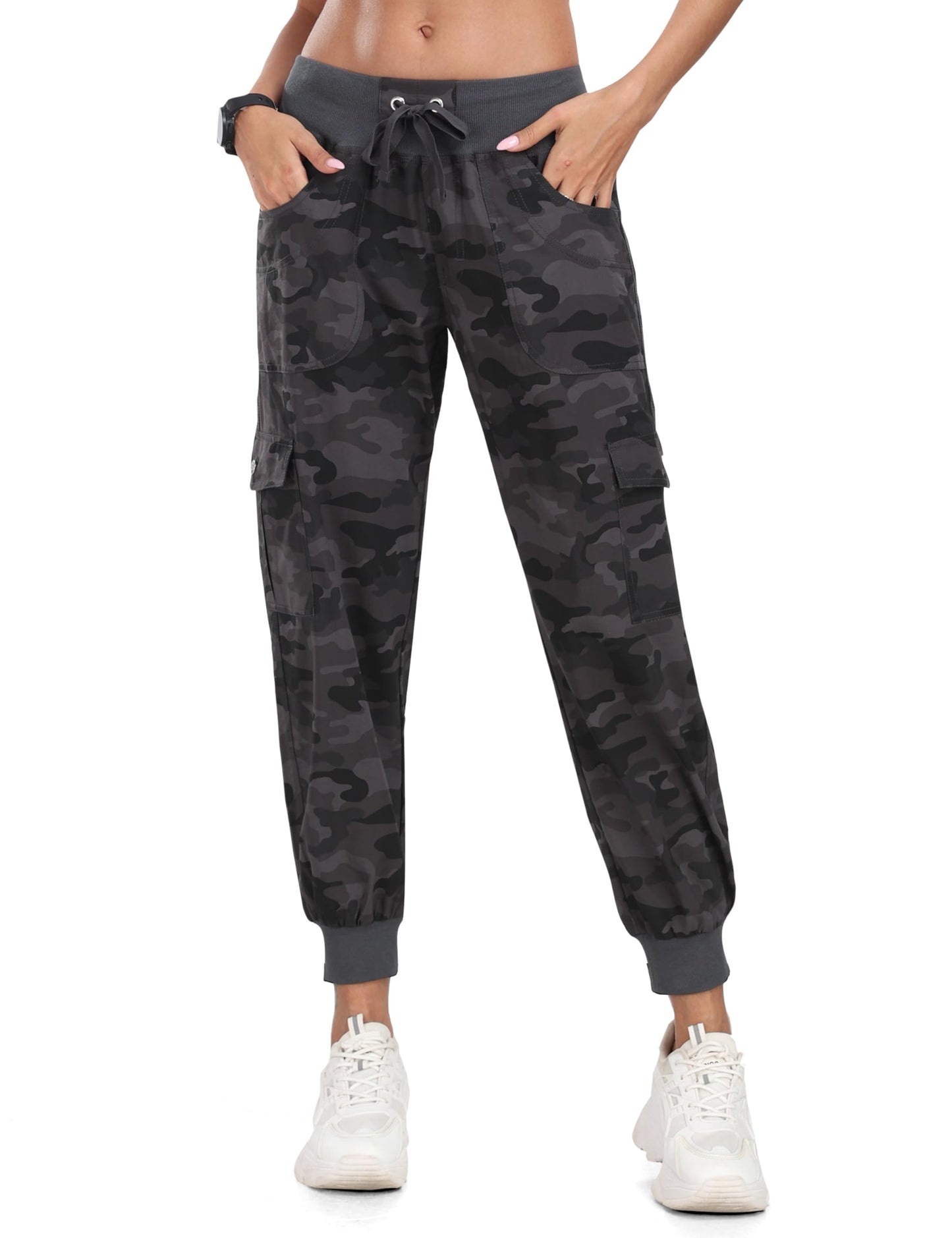 MoFiz Hiking Cargo Pants for Women with Pockets Lightweight Quick Dry Athletic Outdoor Summer Travel Casual Joggers Sweatpants Camouflage Dark Grey L