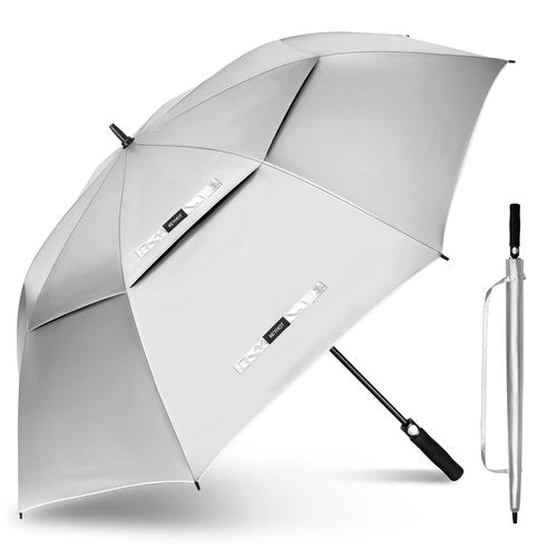 KEYHOT Golf Umbrella UV Protection, 62 Inch UV Blocking SPF large Umbrellas for Sun Protection Windproof Heavy Duty Vented Double Canopy (Silver/Black)