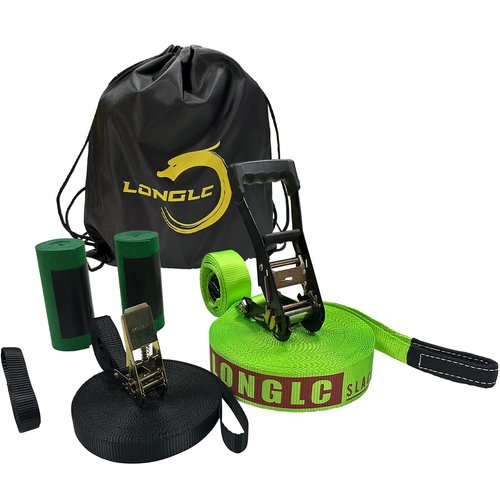 LONGLC Slackline Kit | Longer 73 ft Line with Training Line | Tree Protectors, Arm Trainervand Carry Bag | Tight Rope Slack Lines for Backyard | Children, Adults Green
