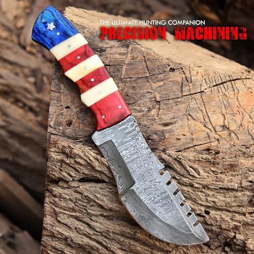 Damascus Steel Fixed Blade Hunting Knife with Leather Sheath - Tactical Survival Bushcraft Knife for Men
