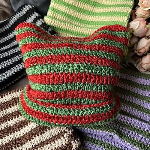 Crochet Cat Ear Beanie - Red & Green Striped Knit Grunge Hat