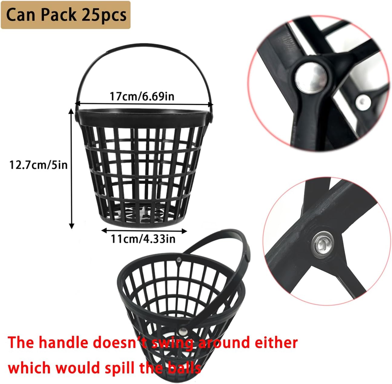 ZLY Golf Ball Basket - Durable Plastic Ball Container with Handle | Holds 25 Balls - Black