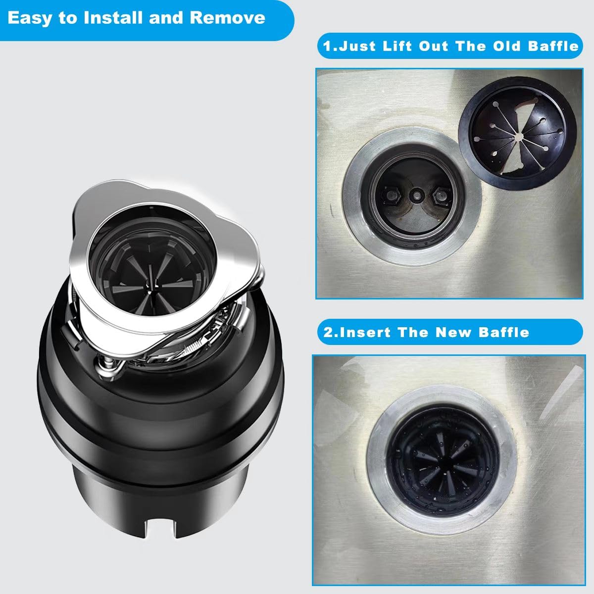 2 Pack Garbage Disposal Splash Guard 3 3/8 Inch, Sink Baffle for InSinkErator Evolution & Most 3-Bolt Models, Upgraded Removable Quiet Collar with Noise Reducing Petal Design