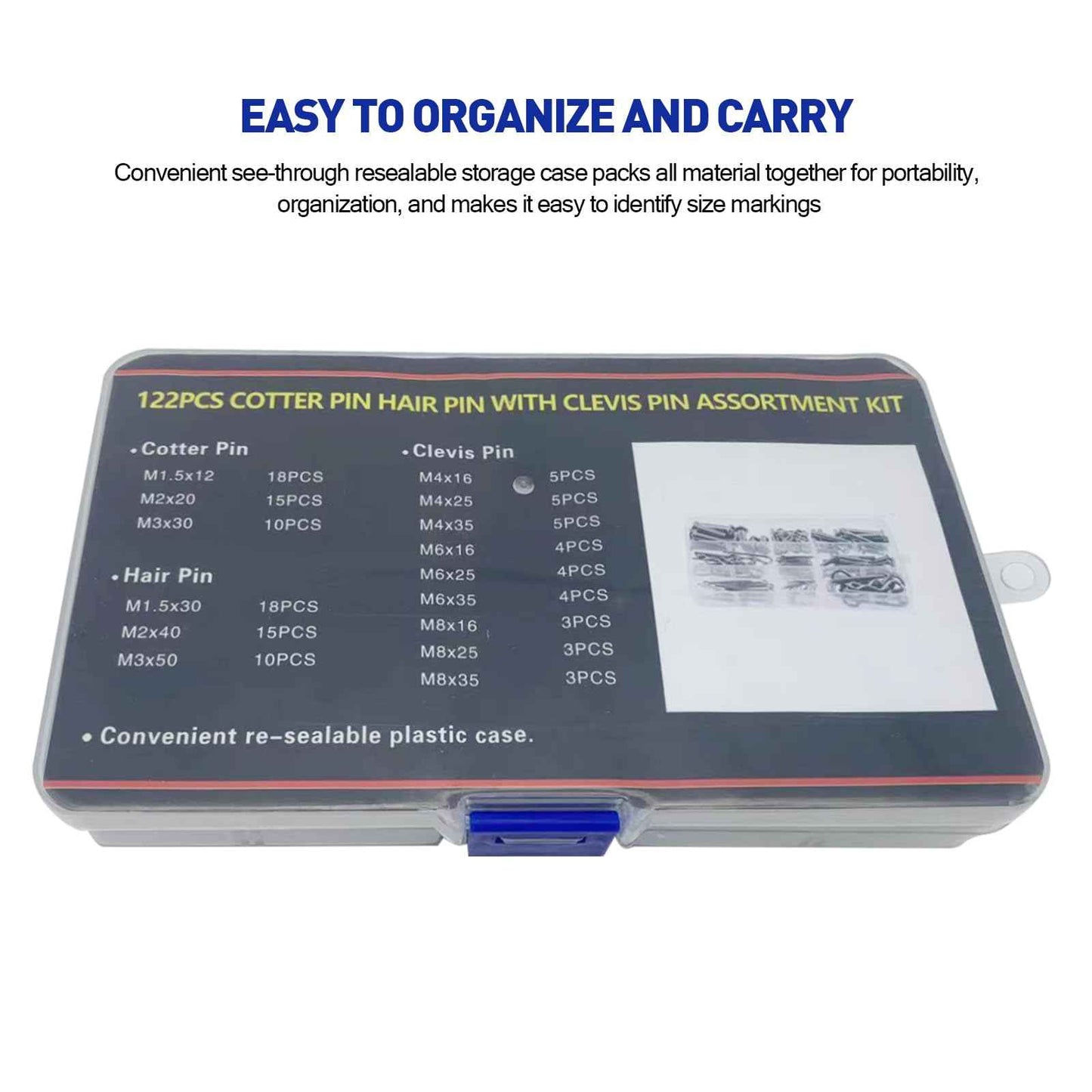 Boatsea 122Pcs Cotter Pin Hair Pin Clevis Pin Assortment Kit,R Clips Retaining Hair Pins Assortment, Including Single Hole Clevis Pin&Split Cotter Pin&R Clip Hitch Pin for Trailer Latch, Zinc-Plated