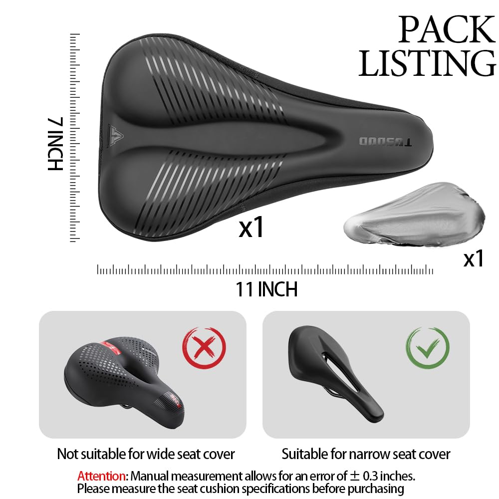 TOSUOD Bike Seat Cover Gel Padded Bicycle Seat Cover for Men Women Narrow Bike Seat Cushion Comfort Foma Bicycle Seat Cushion for Outdoor & Indoor(11"x7")