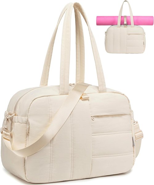 CAMTOP Gym Bag - Lightweight Water-Resistant Duffle with Yoga Mat Holder | 16-Inch Beige Travel Bag