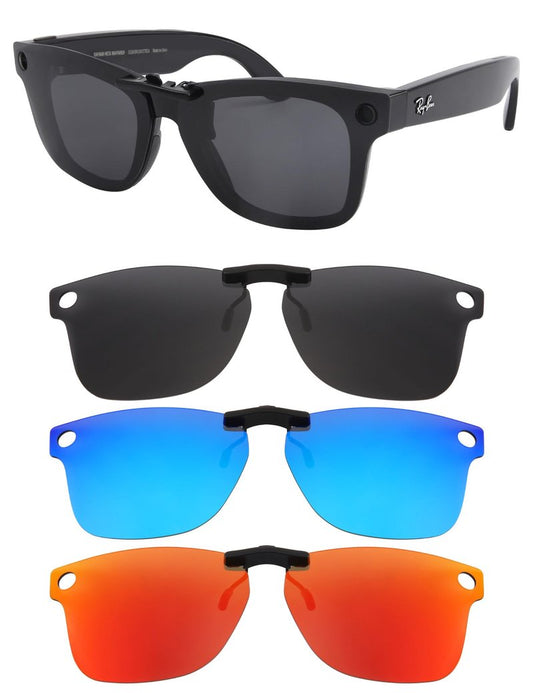 HILEEN Polarized Clip-on Sunglasses for Ray-Ban Meta Wayfarer RW4008 & Gen 2 RW4012 Large 53-22 for Men Women UV Protection-Black+Fire Red+Ice Blue