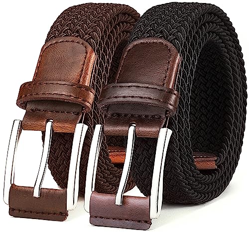 BULLIANT 2-Pack Men's Woven Braided Stretch Web Belts, 52-56 Inch Waist, Gift Boxed - Black & Deep Brown, Adjustable
