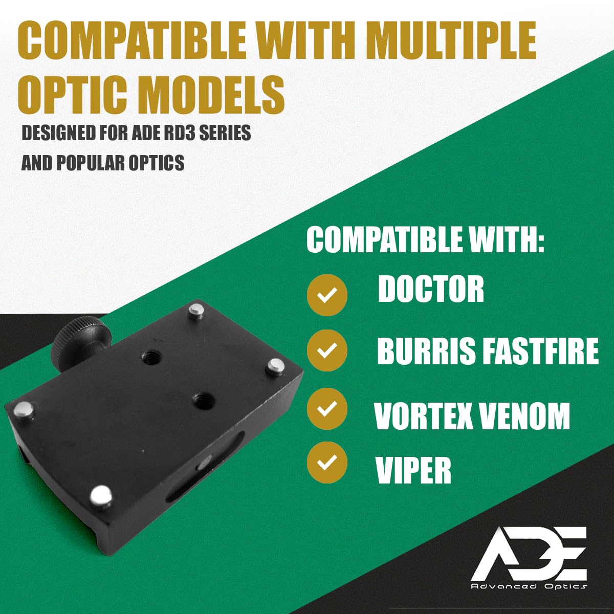Ade Advanced Optics Picatinny Mounting Plate Adapter - Compatible with Doctor, Burris Fastfire, Vortex Venom/Viper, Meopta, Insight, Eotech MRDS, Sightmark Mini Shot Red Dot Sights
