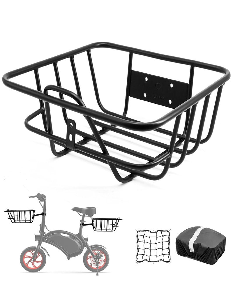 ANZOME Electric Scooter Basket & Bike Handlebar Bag – Stable Metal Wire Carrier with Cargo Net & Rainproof Cover – Front/Rear Rack Attachment for Commuting, Groceries, & Pet Transport (Black)