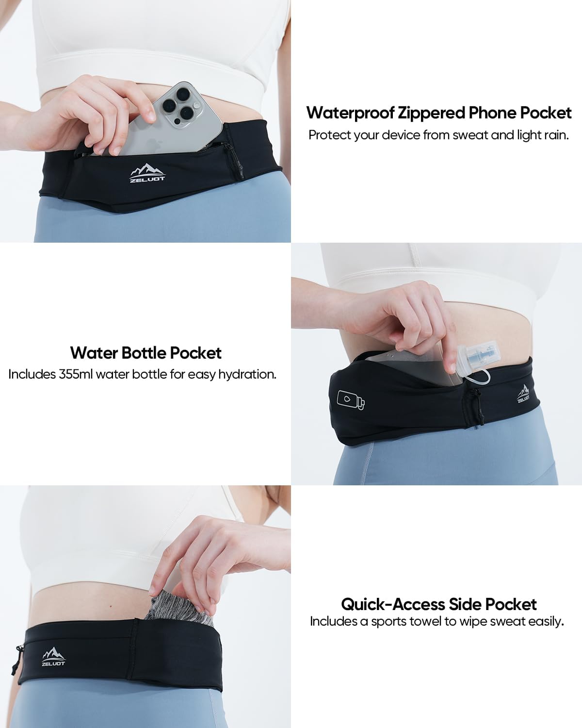 Zelvot Running Belt - Adjustable Fanny Pack with 355ml Water Bottle & Phone Holder | Waterproof for Jogging & Hiking (Black, Medium)