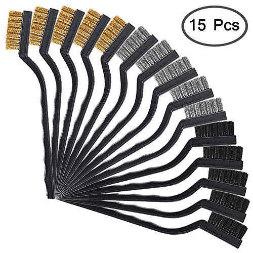 15 pieces Scratch Brush (Stainless Steel + Brass+Nylon), AFUNTA Curved Handle Masonry Wire brush Set Bristle for Cleaning Welding Slag and Rust,5 pcs Per Type