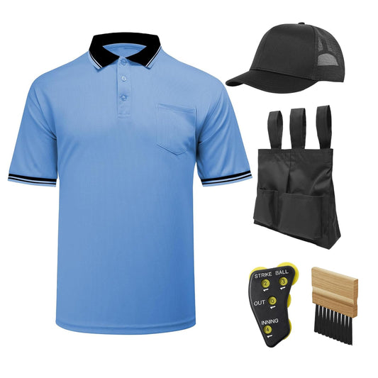 redgino 5Pcs Men’s Baseball/Softball Umpire Gear Shirt Ball Bags Clicker Hat Brush Referee Accessories Sets Jersey Kit Light Blue L