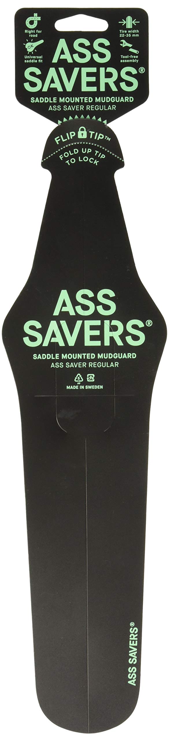 Ass Savers Regular Saddle Mudguard, 23-35 mm Tires, Generation 4, Maximum Protection, Rainy Rides, No Tools Mount, Patented Flip Tip, Lightweight, Stable, Self Centering, Commuter, Road, Black