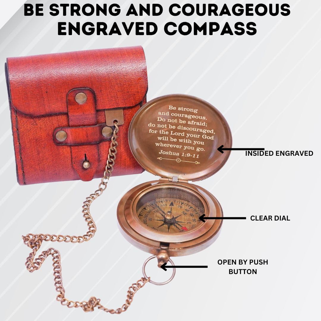 Religious Christian Gift Compass (Joshua 1:9) - Brass Compass with Leather Case - Engraved Personalized Compass - Baptism Gifts for Boys Girls - Confirmation Gift for Men