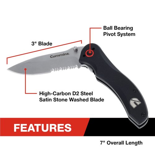 Cummins Serrated Blade D2 Steel Pocket Knife 3-inch CMN4726 - Lightweight Folding Knife Survival Tactical EDC- Black