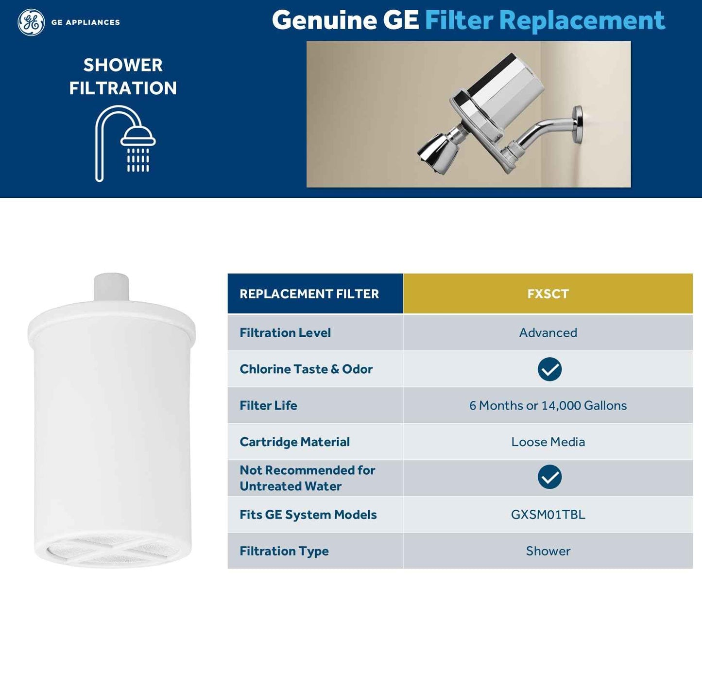 GE Shower Filtration System, Removes Chlorine, Easy to Install to an Existing Shower Head Tool Free in Minutes, Filter Included, Replace Filter (FXSCT) Every 6 Months, GXSM01TBL