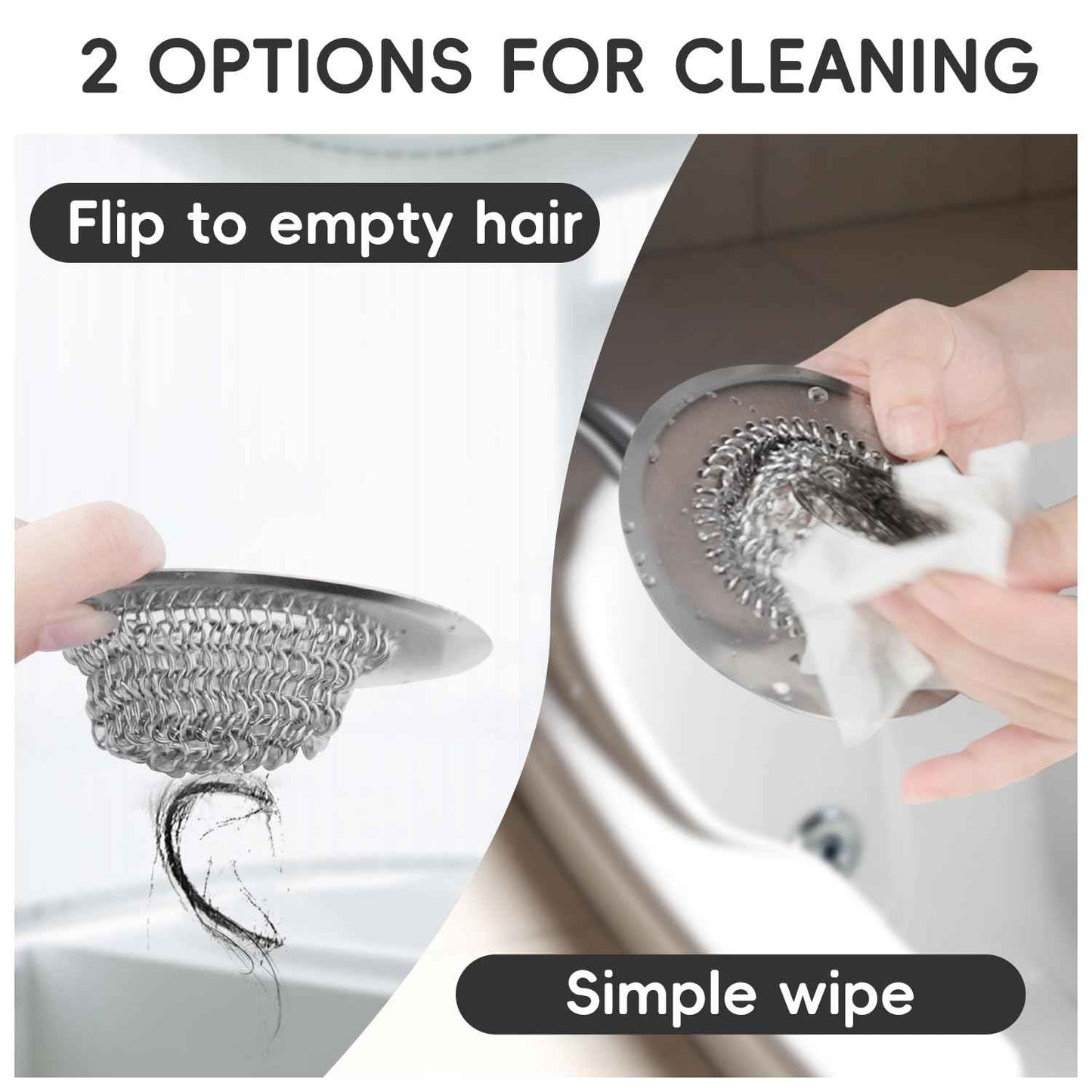 2 Pack Wokdada Bathtub Drain Hair Catcher, Wokdada Fast Drainage Shower Drain Hair Catcher, Reversible 304 Stainless Steel Drain Protector for Pop-Up and Regular Drains of Bathroom(Patented Product)