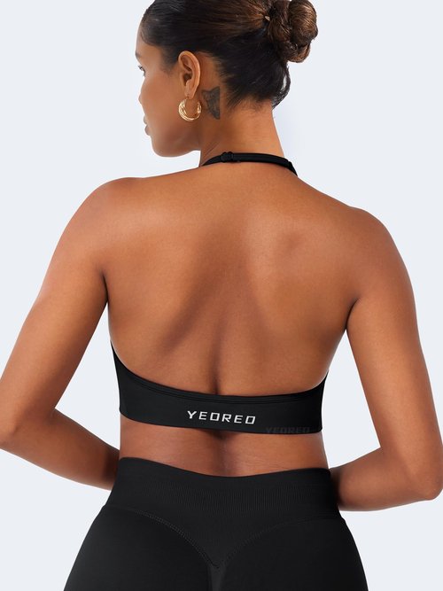 YEOREO SoftHue Women Halter Sports Bra Impact Longline Strappy Bra V Neck Padded Open Back Workout Gym Crop Top Black M