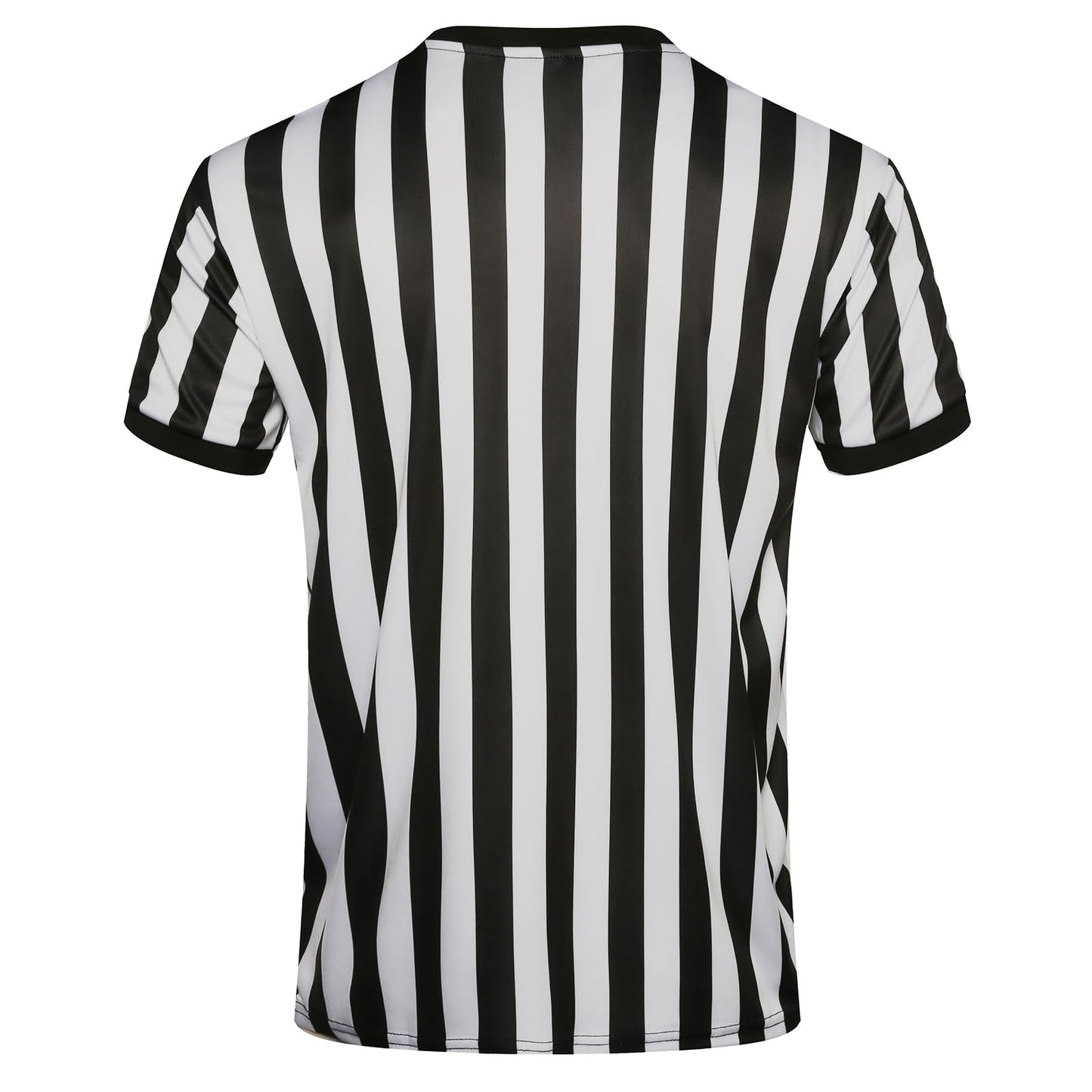 4Pcs Referee Shirt Men Ref Jersey V-Neck Black and White Stripe Uniform Kit For Basketball Football Soccer Halloween Costume Yellow And Red Penalty Flag and Stainless Steel Whistle XL